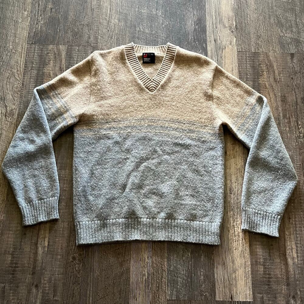 Vintage Robert Bruce Wool Blend V-Neck Sweater Men's Large Tan Blue Gray USA